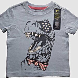 New GAP Dinosaur Patriot Glow in Dark Light Blue Tee USA Flag Boys Toddler 12-18